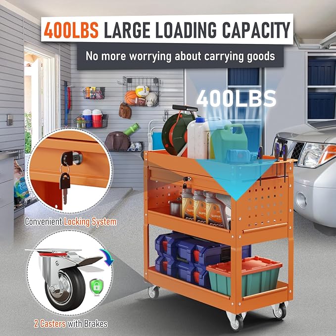 3 Tier Rolling Tool Cart, Heavy Duty Tool Cart on Wheels - Image 4