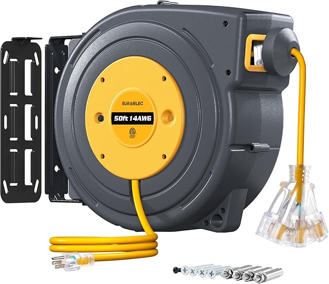 SURAIELEC 50 FT Extension Cord Reel, 14 Gauge Retractable Extension Cord by SURAIELEC