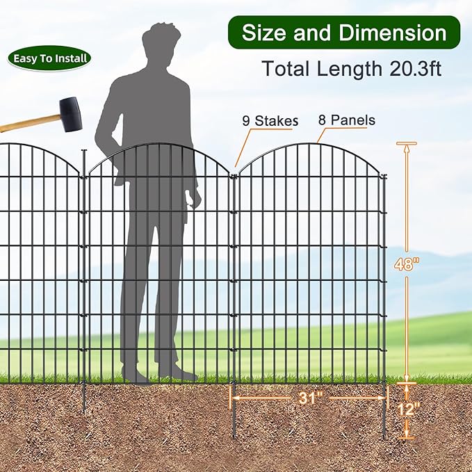 Metal Garden Fence 48in x 20.3ft, 8 Panels + 9 Stakes Dog Fence Border Fence - Image 3
