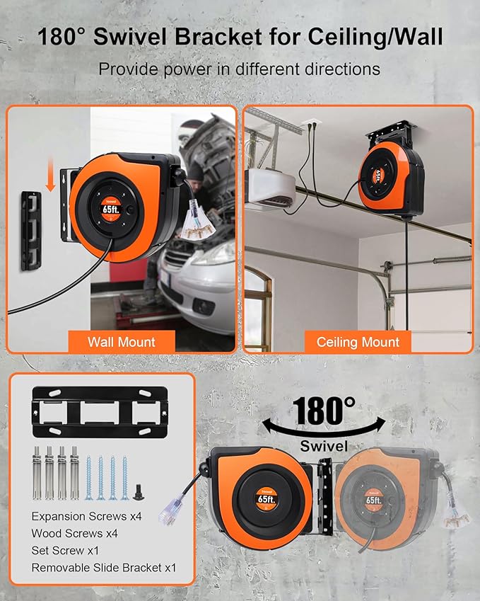 65FT Retractable Extension Cord Reel, 12AWG/3C SJTOW Heavy Duty Power Cord - Image 4