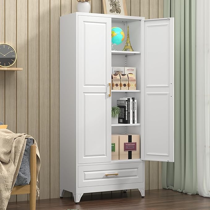 Kitchen Pantry Cabinet with Drawer, Metal Storage Cabinets with Doors and - Image 8