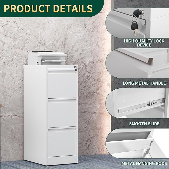3 Drawer File Cabinet with Lock, Steel Vertical Filing Storage Cabinet - Image 4