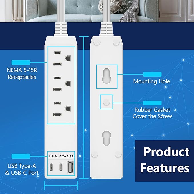 LIDER Outlet Extender with 3 Receptacles, 21W USB Type-A, and 2 USB Type-C - Image 5
