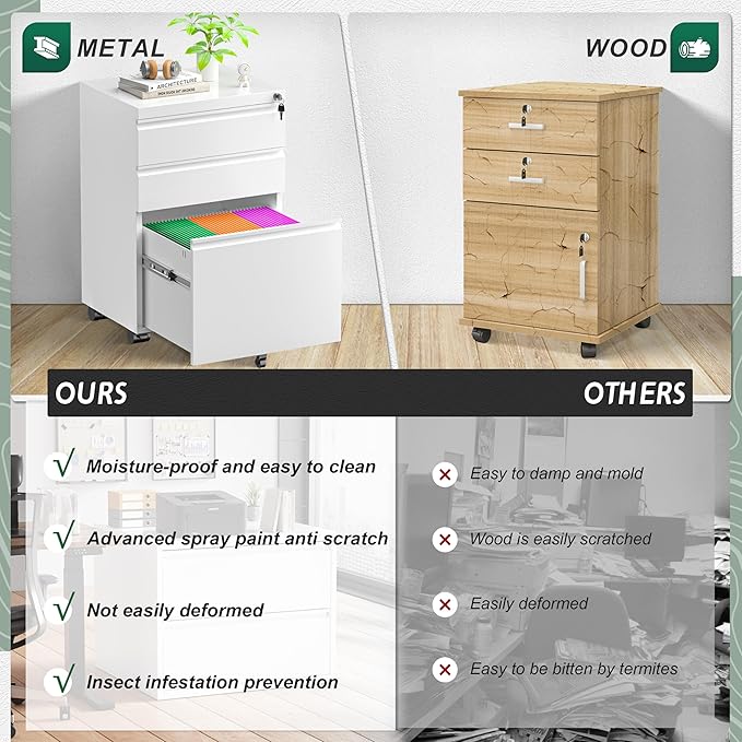 Superday File Cabinet 3 Drawer, Fully Assembled Metal Rolling Vertical Filing - Image 6