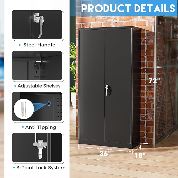 Greenvelly Metal Storage Cabinets 72” Black Garage Steel Storage Cabinet - Image 6
