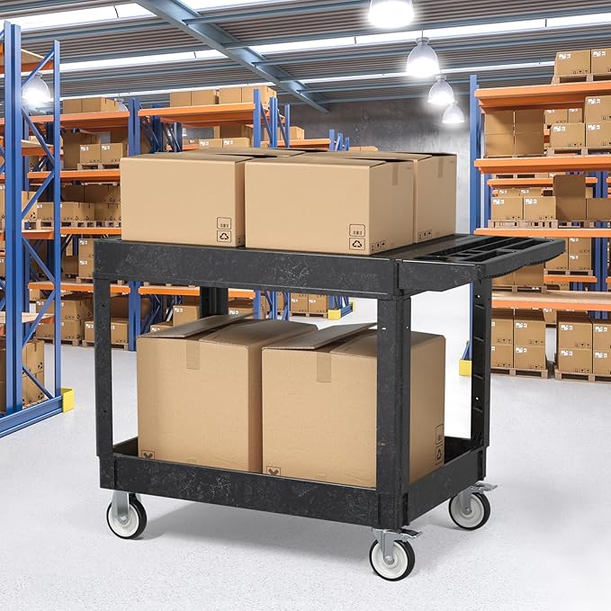 Utility Cart on Wheels, 2 Shelf Heavy Duty Large Flat Top Rolling Cart - Image 5