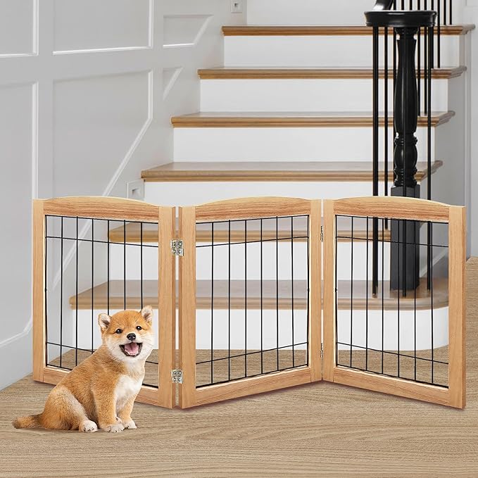 LZRS 3-Panel Freestanding Foldable Wooden Dog Gate –Solid Wood & Steel Wire by LZRSPET