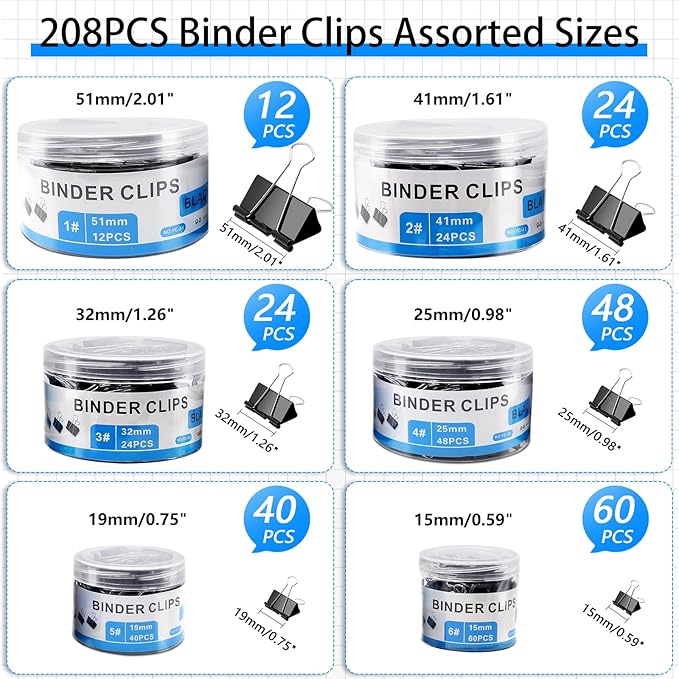 208 PCS Binder Clips Assorted Sizes, Metal Large Binder Clips Bulk, 6 Size - Image 2