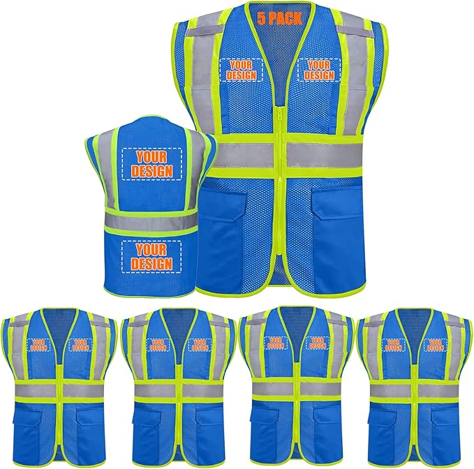 Custom Safety Vest with Logo Pockets High Visibility Reflective Vests by CustomTok