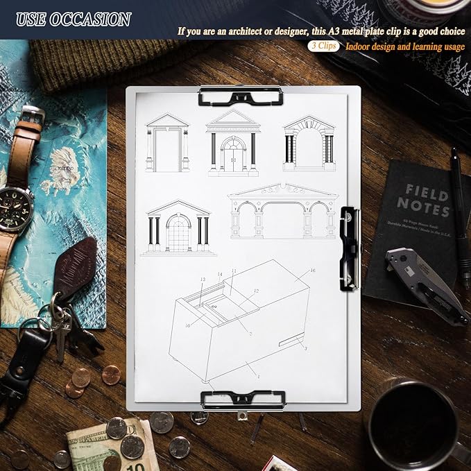 Three Clip Aluminum 11x17 Clipboard Metal Stainless Hangable Clipboards Art Pen - Image 3