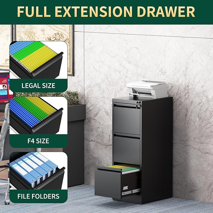 3 Drawer File Cabinet with Lock, Steel Vertical Filing Storage Cabinet - Image 5