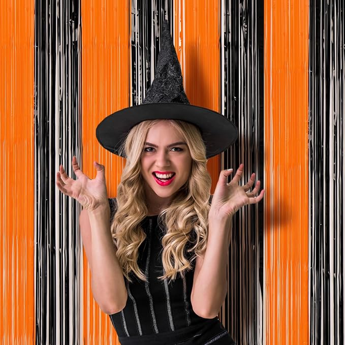 3 Pack 3.3x8.2 Feet Black and Orange Foil Fringe Backdrop Curtains, Tinsel - Image 6