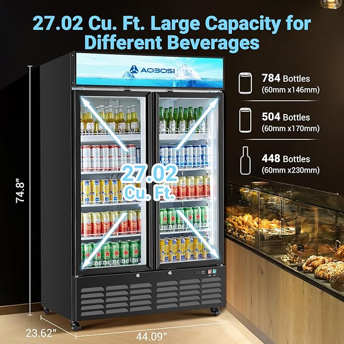 AAOBOSI Commercial Merchandiser Refrigerator, 27.02 Cu.Ft Glass Door Display - Image 6