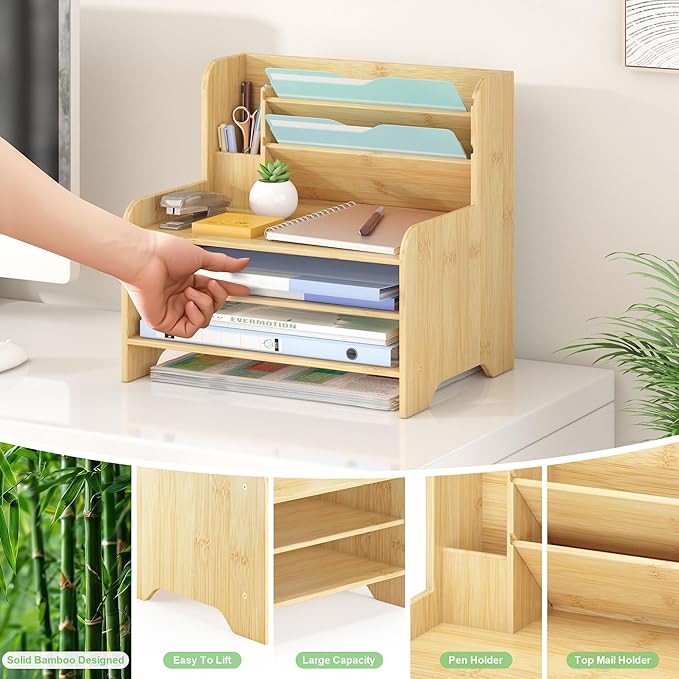 Bamboo Desk Organizer Mail Holder Countertop Letter Tray File Organizer - Image 7