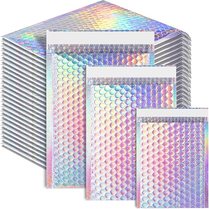 50 Pcs Metallic Bubble Mailers, 3 Sizes Holographic Bubble Mailers, Poly Padded by Unknown