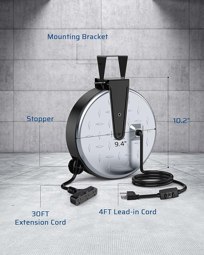 DEWENWILS Metal Extension Cord Reel, 30FT Retractable Extension Cord, 16AWG/3C - Image 7