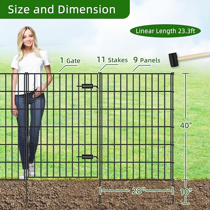 Metal Garden Fence with Gate 40in x 23.3ft, 1 Gate + 9 Panels Dog Fence Border - Image 3
