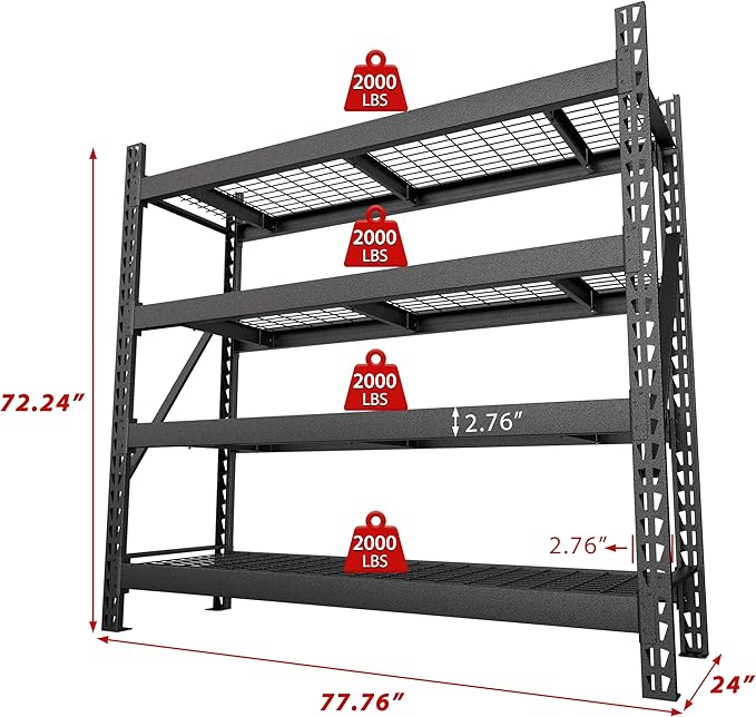8000LBS 78 "W x 24 "D x 72 "H Garage Shelving, 4-Tier Industrial Iron Shelving - Image 2