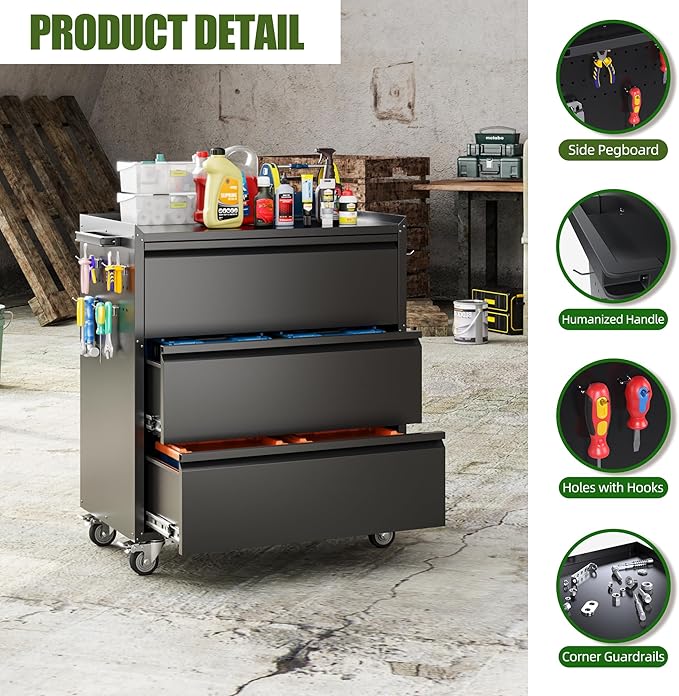 3 Drawers Rolling Tool Storage Cabinet - Image 6