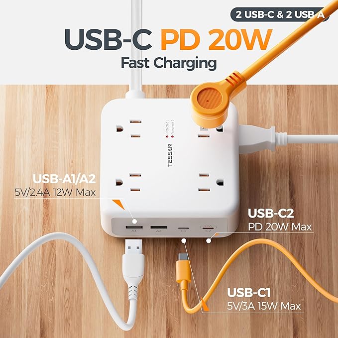 TESSAN 10 Ft Surge Protector Power Strip, 4 USB 8 Outlets, Flat Plug Extension - Image 5