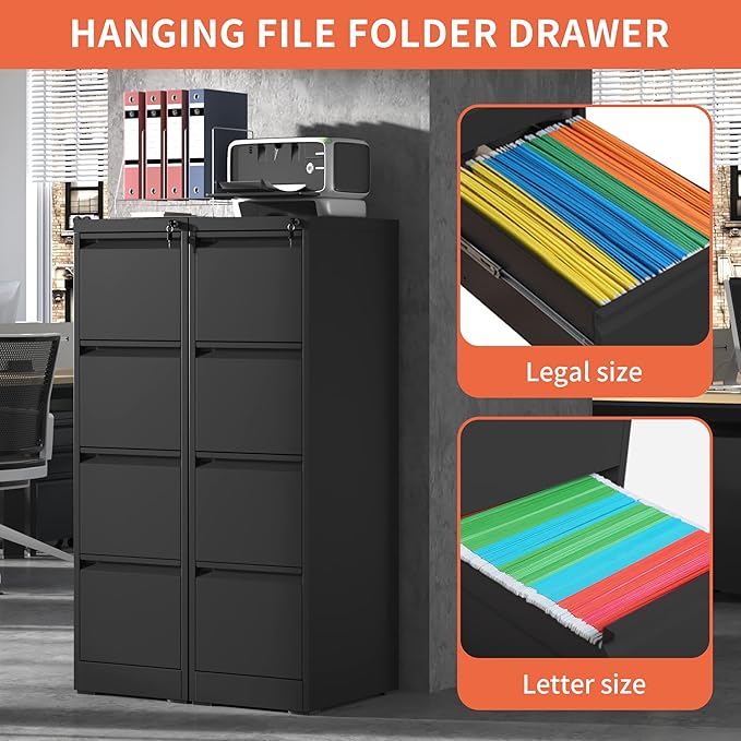 4 Drawer File Cabinet with Wheels, Metal Mobile Filing Cabinets with Lock - Image 4