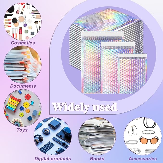50 Pcs Metallic Bubble Mailers, 3 Sizes Holographic Bubble Mailers, Poly Padded - Image 6