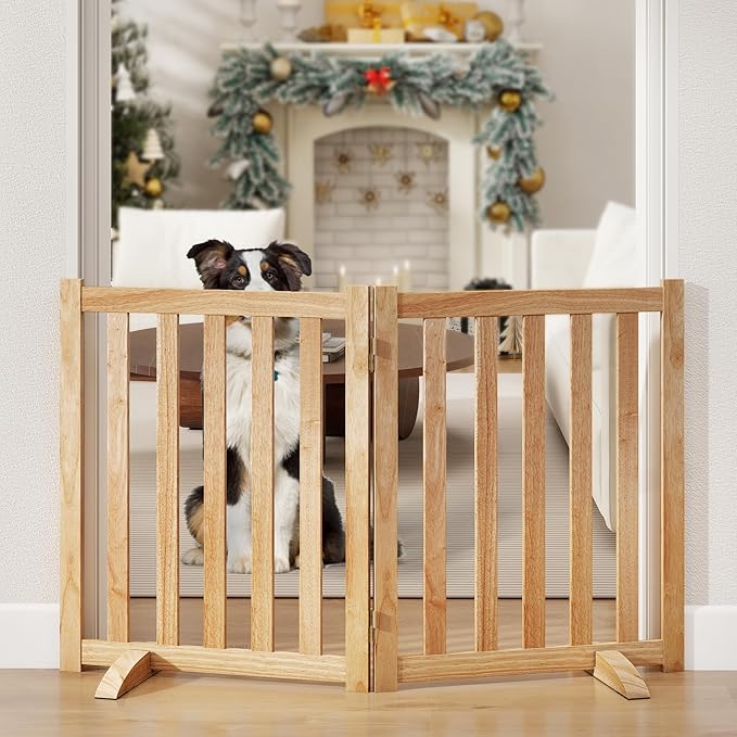24" Height Tall Freestanding Pet Gate, Solid Wood Folding Safety Fence Wooden by Axeman