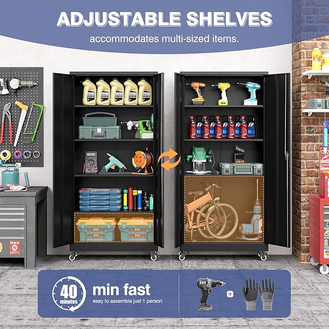 Metal Storage Cabinet with Wheels, Tall Garage Storage Cabinet with 4 - Image 4