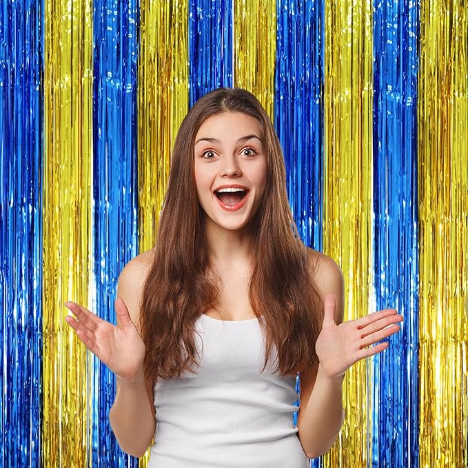 3 Pack 3.3 x 8.2 ft Blue Gold Foil Fringe Backdrop Curtains, Tinsel Streamers - Image 5