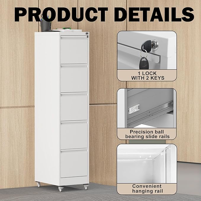 5 Drawers Filing Cabient with Wheel, File Cabinet with Lock, Steel Vertical - Image 4