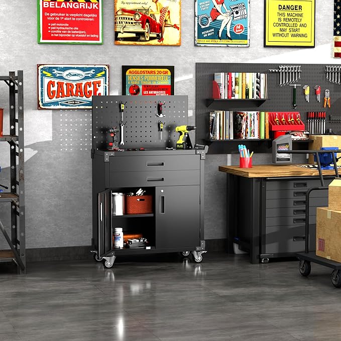Tool Cart with Wheels and 2 Drawers, Metal Garage Storage Cabinet with Lockable - Image 6