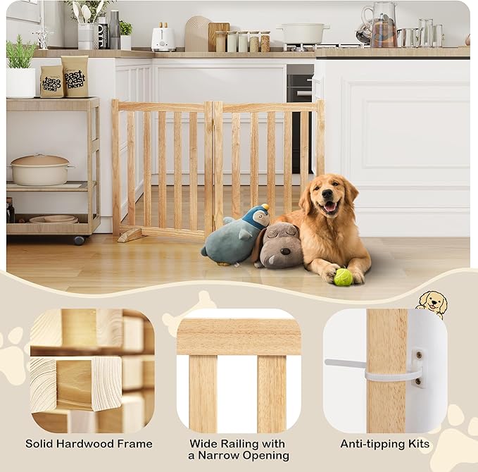 24" Height Tall Freestanding Pet Gate, Solid Wood Folding Safety Fence Wooden - Image 4