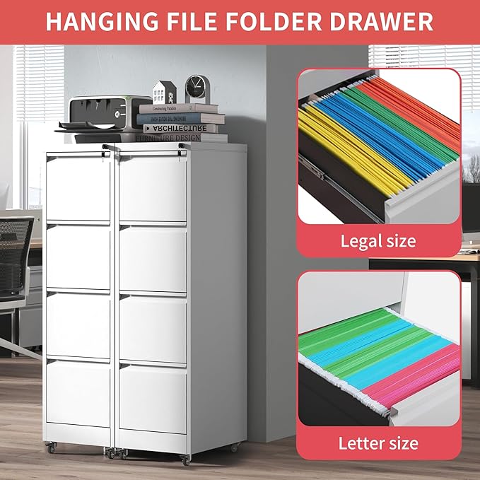4 Drawer File Cabinet with Wheels, Metal Mobile Filing Cabinets with Lock - Image 4