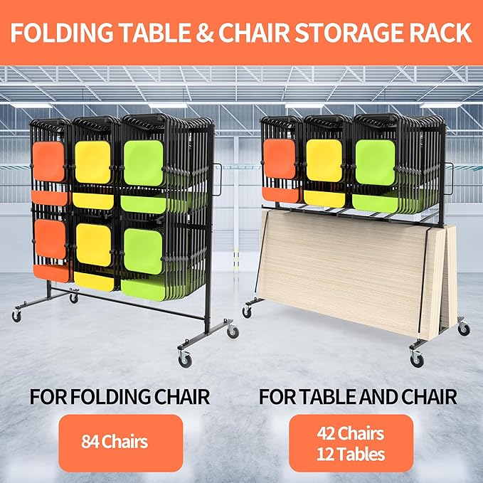 Folding Chair Rack for Storage, Folding Chair Cart 84 Chairs on Wheels Table - Image 6
