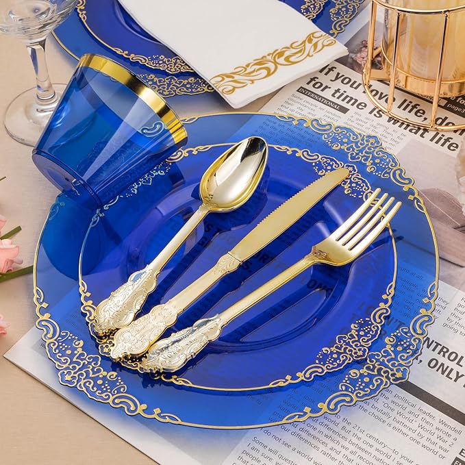 175PCS Clear Blue Plastic Plates - Image 3