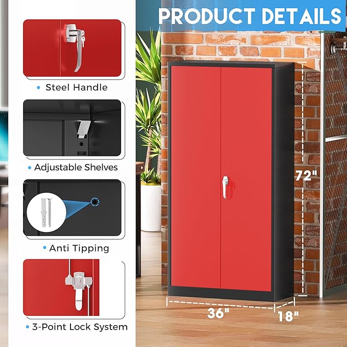 Greenvelly Metal Cabinet with 2 Doors and Adjustable Shelves, 72”H Steel - Image 3