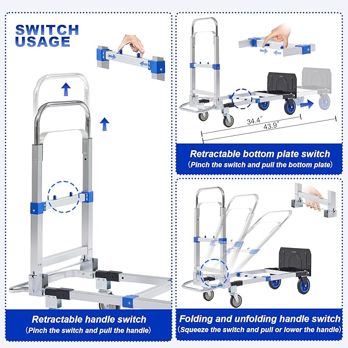 Upgraded 3 in 1 Aluminum Folding Hand Truck, 600lbs Capacity, Heavy Duty - Image 6