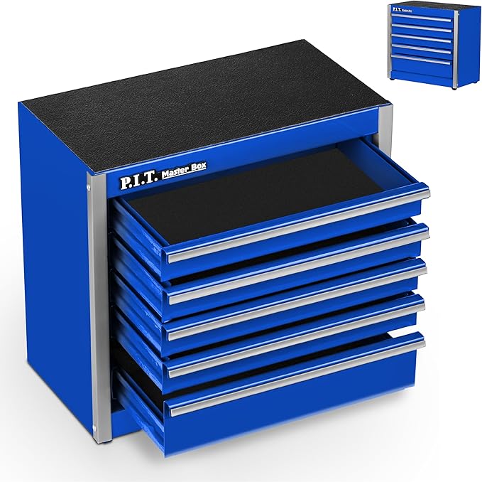 P.I.T. Mini Blue Tool Box, Portable 5-Drawer Micro Roll Cab Steel Stackable - Image 9