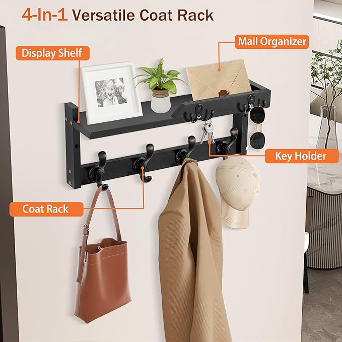 Coat Rack Wall Mount with Shelf, Coat Hanger Wall Mount with Key Hooks and Mail - Image 4