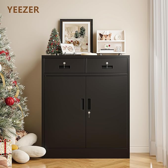 Metal Storage Cabinet with 2 Drawers and Shelves, Adjustable Shelf File Cabinet - Image 2