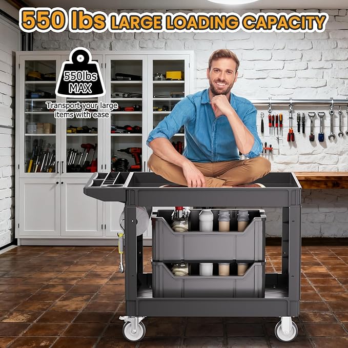 2-Tier Rolling Tool Cart, Heavy-Duty Plastic Service Cart - Image 6