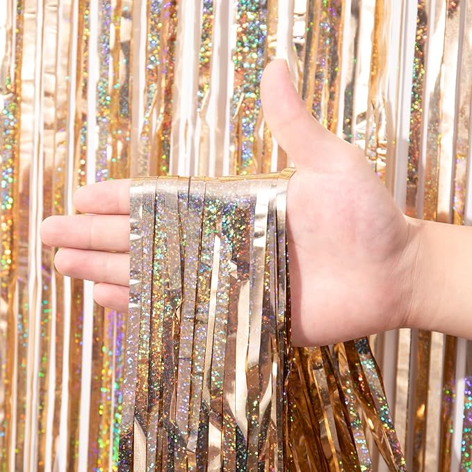 3 Pack 3.3 x 8.2 ft Laser Champagne Foil Fringe Backdrop Curtains, Tinsel - Image 2