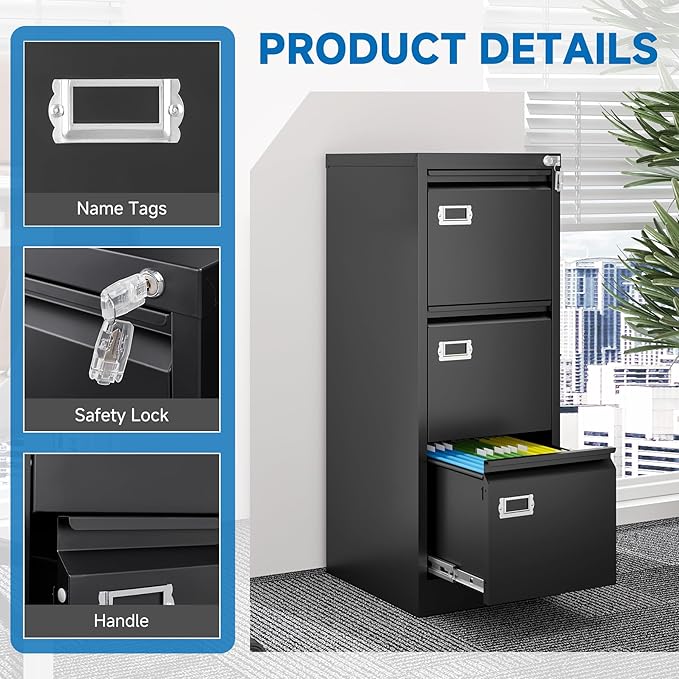 3 Drawer File Cabinet with Lock Metal Vertical File Cabinet Office Home Narrow - Image 8