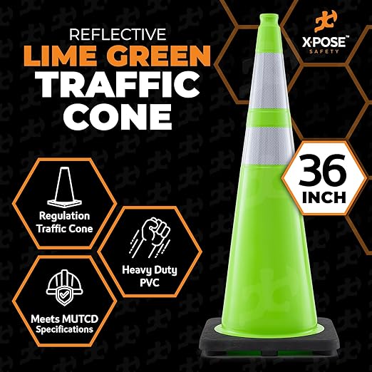 Xpose Safety 36” Lime Green Traffic Cone Dual 6" & 4" Reflective Collar – 12 - Image 4
