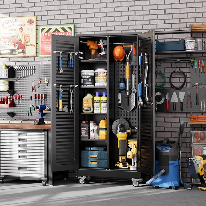 Garage Storage Cabinet with Wheels and 4 Shelves, Metal Broom Closet Storage - Image 2
