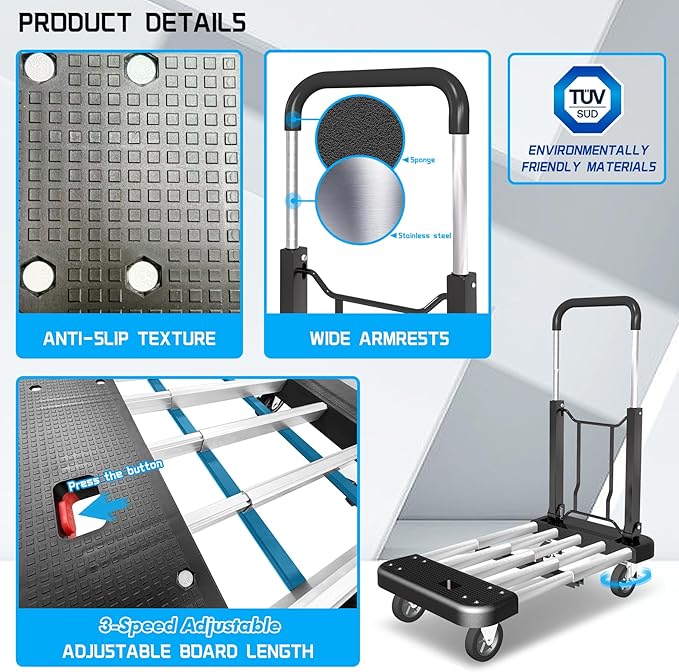 WarmyouHaul Pro Folding Hand Truck, 441LBS Capacity, Adjustable Platform & - Image 3