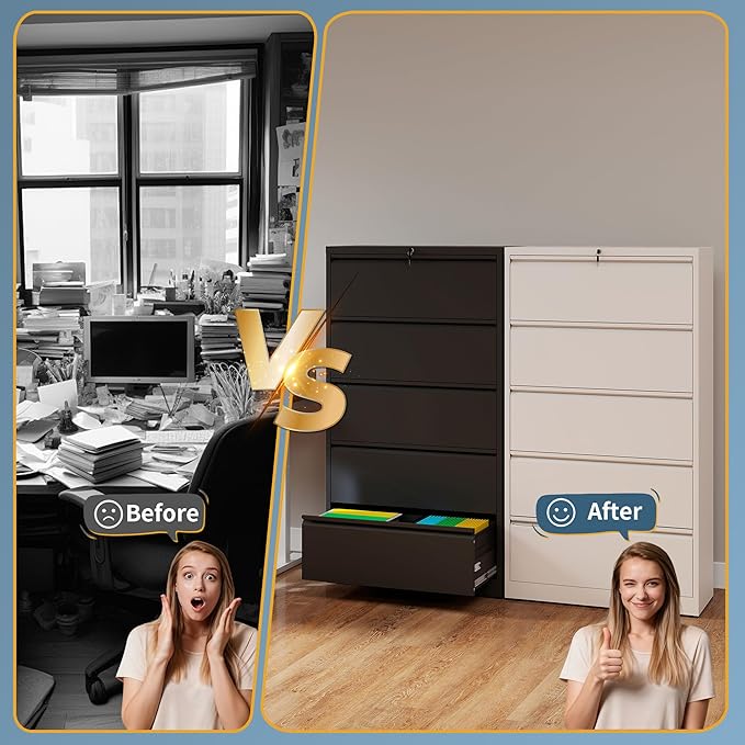 5 Drawer File Cabinet with Lock, Lateral Filing Cabinets, Metal Storage Filing - Image 7