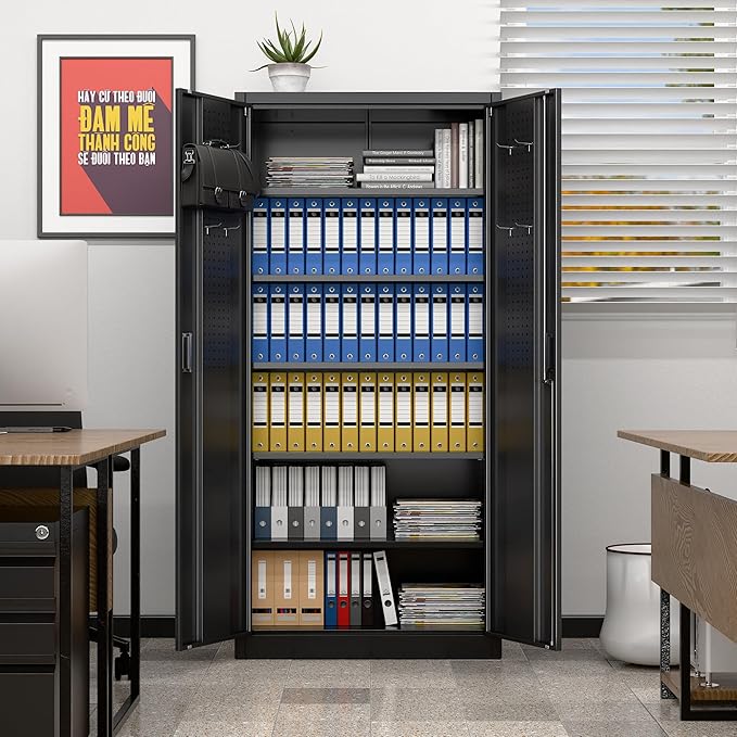 Metal Storage Cabinet with 5 Adjustable Shelves and Pegboard, Lockable File - Image 8