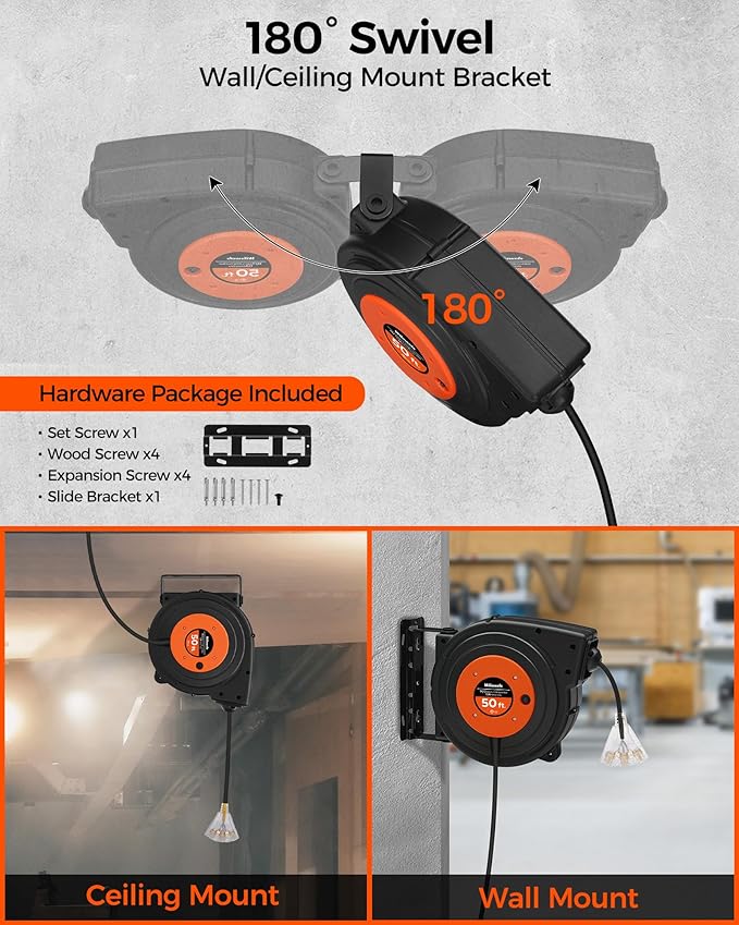 Retractable Extension Cord Reel, 50 FT Heavy Duty Power Cord, 14AWG/3C SJTOW - Image 6
