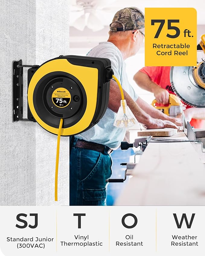 Retractable Cord Reel, 75 FT Heavy Duty Extension Cord, 14AWG/3C SJTOW - Image 6